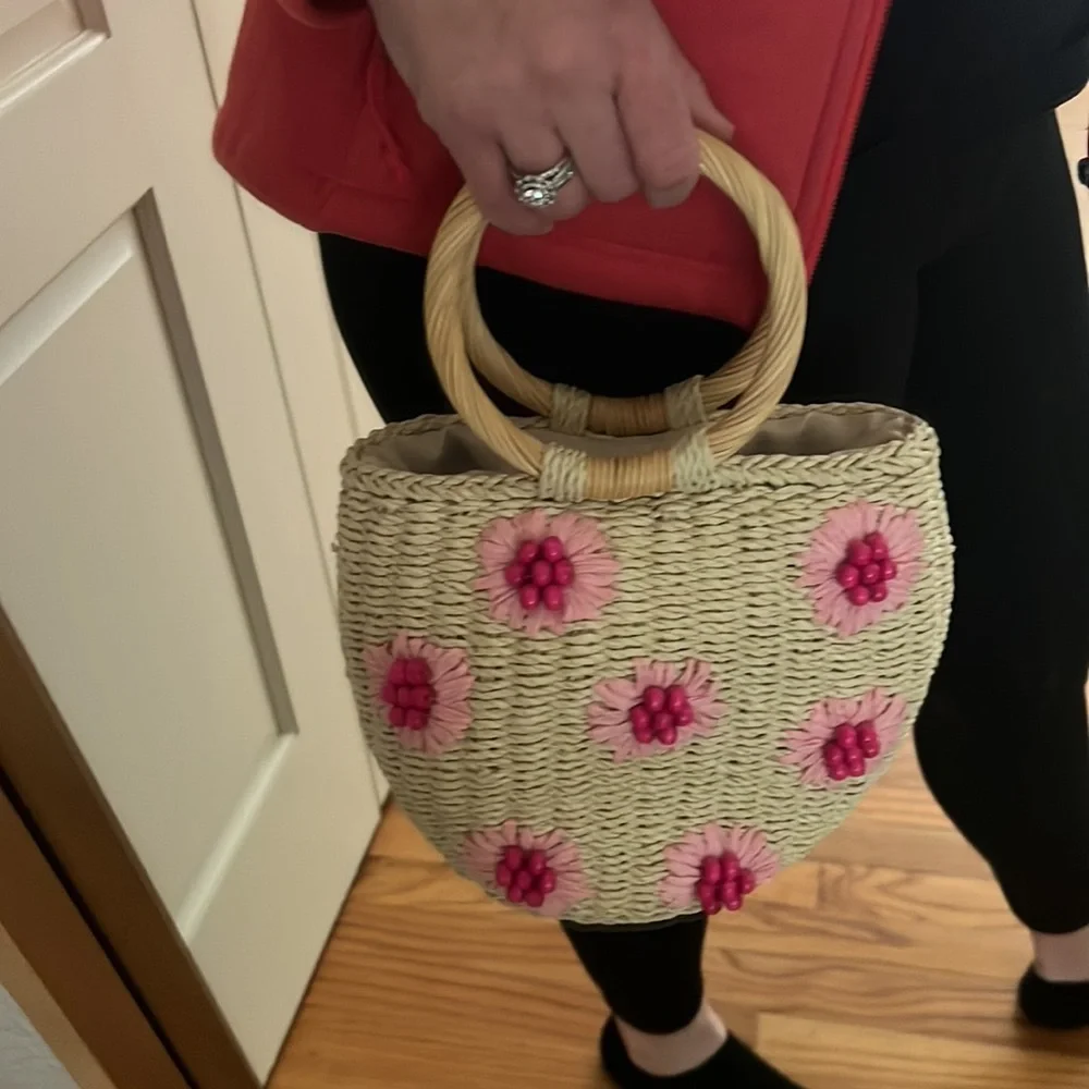 Urban Expressions Woven Straw Satchel with Pink Floral Accents